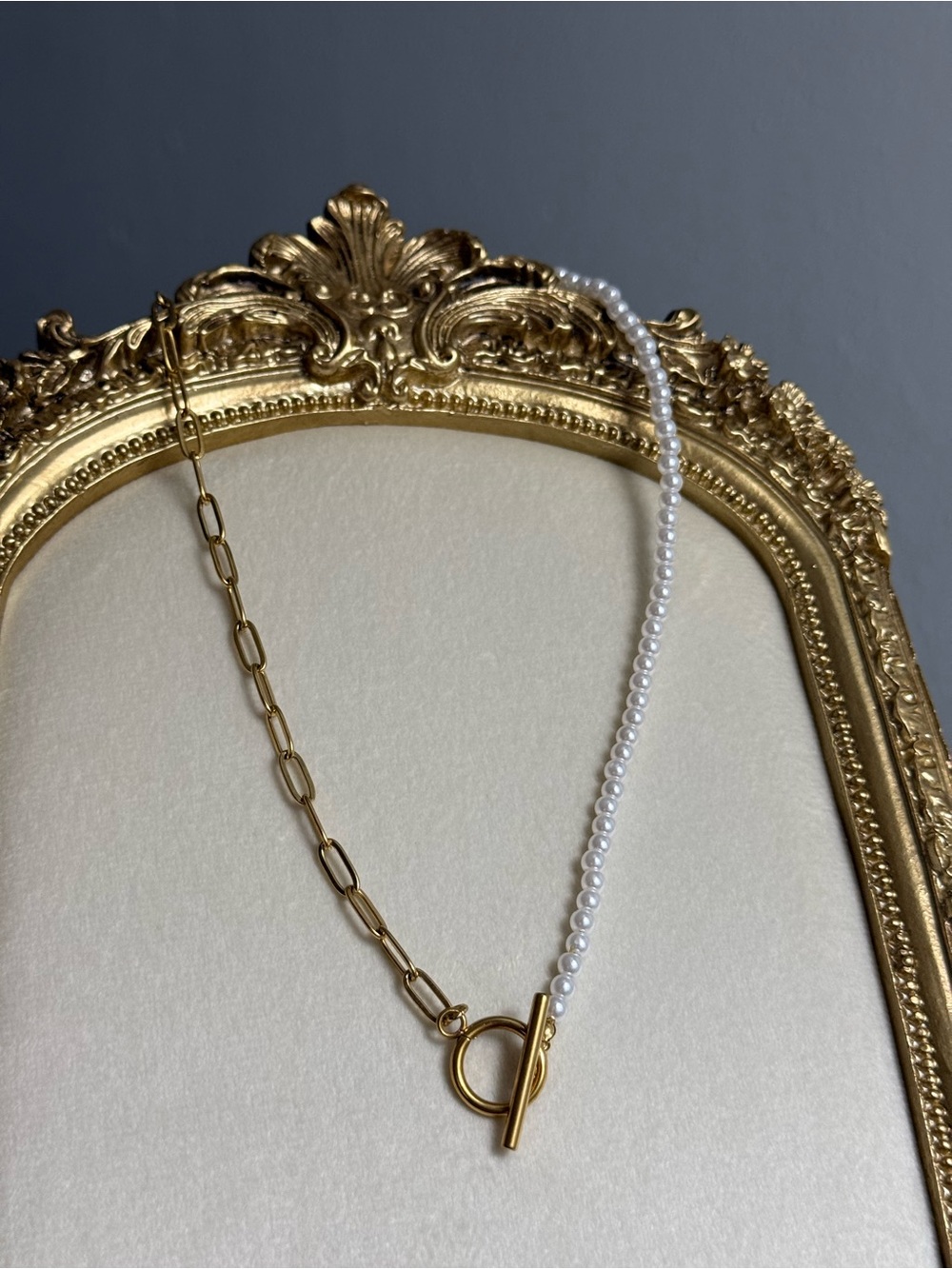 Gold Chain and White Pearl Toggle Necklace - Women Jewelry